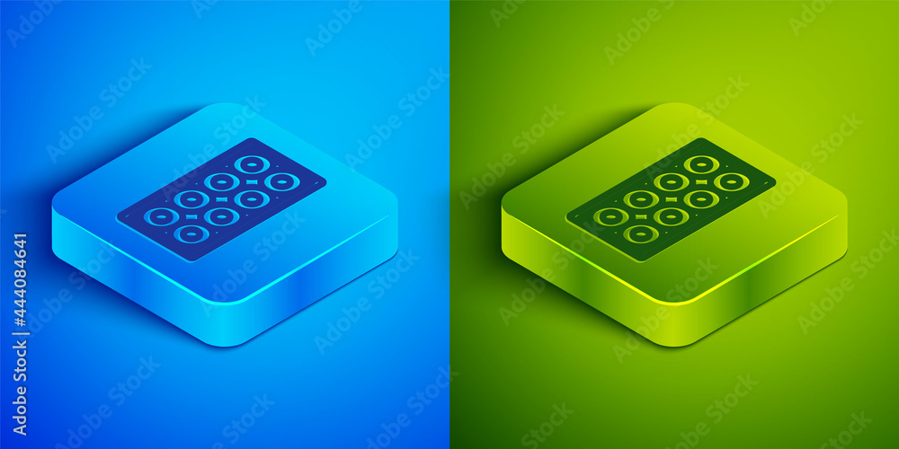 Isometric line Skateboard wheel icon isolated on blue and green background. Skate wheel. Square button. Vector Isometric line Skateboard wheel icon isolated on blue and green background. Skate wheel. Square button. Vector
