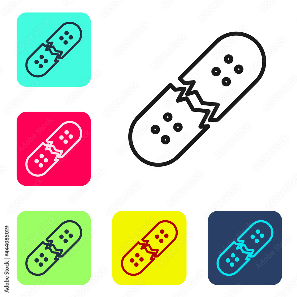 Black line Broken skateboard deck icon isolated on white background. Extreme sport. Sport equipment. Set icons in color square buttons. Vector Black line Broken skateboard deck icon isolated on white background. Extreme sport. Sport equipment. Set icons in color square buttons. Vector