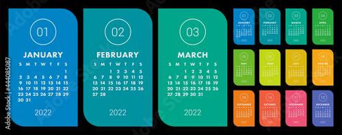 Calendar 2022 year. Vector colorful calender template. Infographics design. Week starts on Sunday
