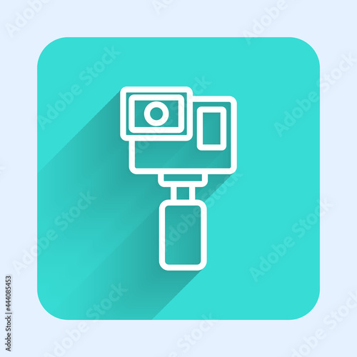 White line Action extreme camera icon isolated with long shadow background. Video camera equipment for filming extreme sports. Green square button. Vector