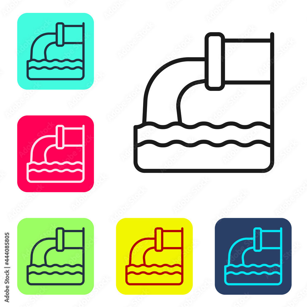 Black line Wastewater icon isolated on white background. Sewer pipe. From the pipe flowing liquid into the river. Set icons in color square buttons. Vector Black line Wastewater icon isolated on white background. Sewer pipe. From the pipe flowing liquid into the river. Set icons in color square buttons. Vector