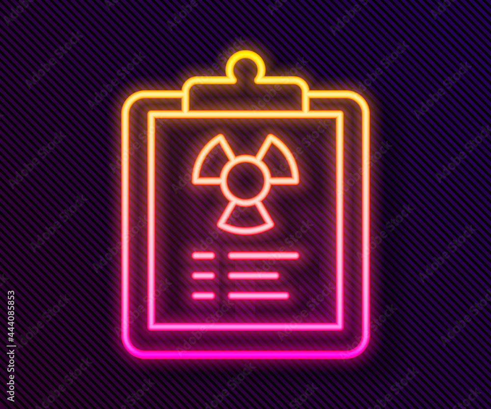 Glowing neon line Radiation warning document icon isolated on black background. Text file. Vector Glowing neon line Radiation warning document icon isolated on black background. Text file. Vector