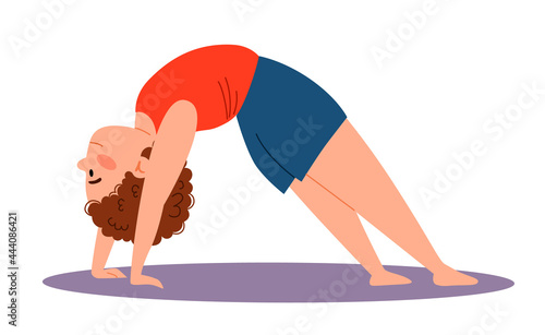 Childrenes sports gymnastics. The boy is standing in the bridge pose. Exercises for the back. Vector illustration in a flat style on a white isolated background.