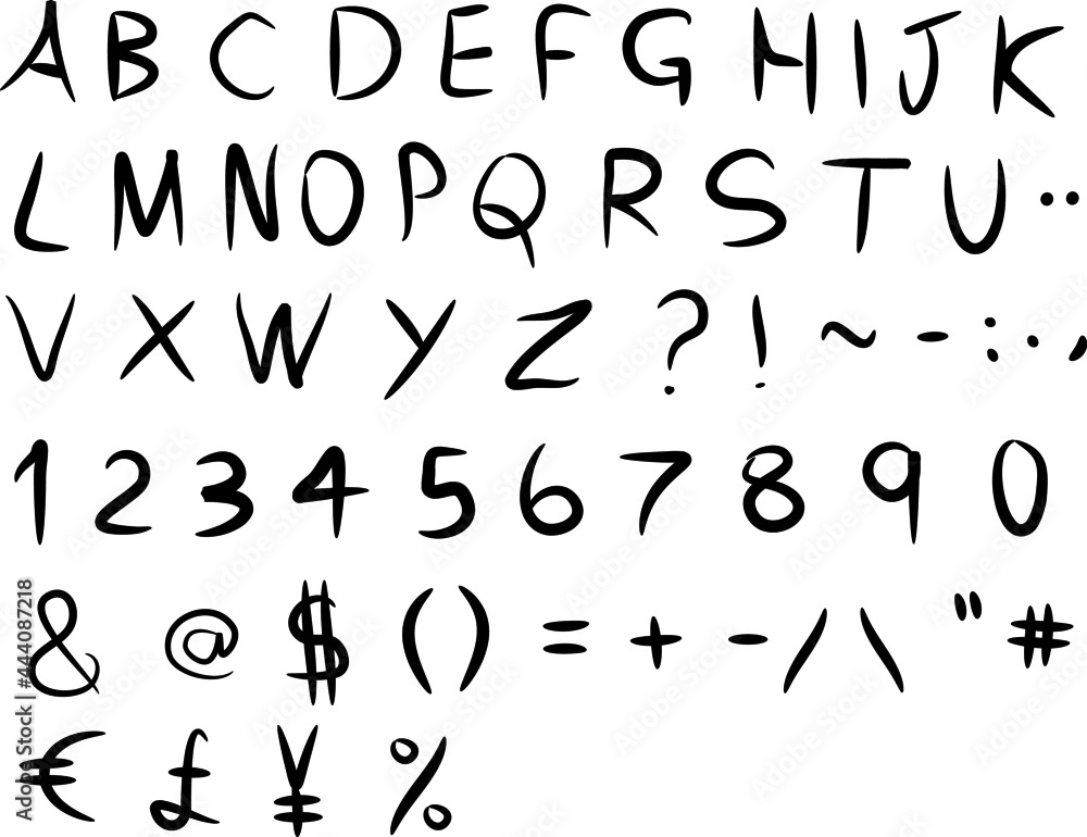 Vector illustration of hand drawn alphabet, numbers and typographic symbols in black color with white background Vector illustration of hand drawn alphabet, numbers and typographic symbols in black color with white background