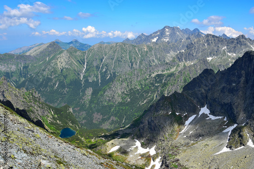 Fantastic view from the peak of mount Rysy (Vaha), one of the highest mountains of the High Tatras. Slovakia, Poland.