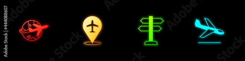 Set Globe with flying plane, Plane, Road traffic sign and landing icon. Vector