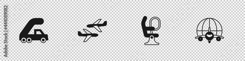 Set Passenger ladder for plane boarding, Plane, Airplane seat and Globe with flying icon. Vector