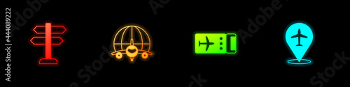 Set Road traffic sign, Globe with flying plane, Airline ticket and Plane icon. Vector