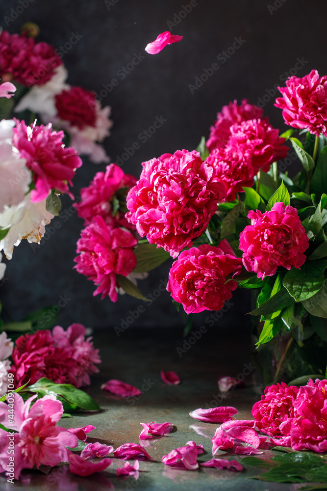 Pink peony flowers bouquet on rustic background with copy space. Women's day or wedding concept. Greeting card Pink peony flowers bouquet on rustic background with copy space. Women's day or wedding concept. Greeting card
