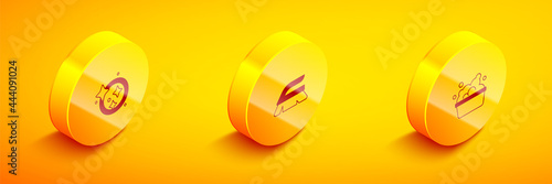 Set Isometric Washing dishes, Brush for cleaning and Basin with soap suds icon. Vector