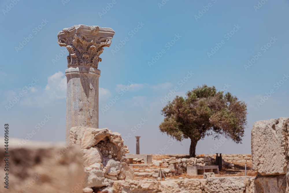 The column and ruins of Early Christian Basilica at the Kourion World Heritage Archaeological site near Limassol, Cyprus