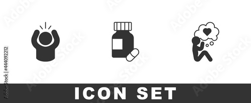 Set Anger, Sedative pills and Head with heart icon. Vector