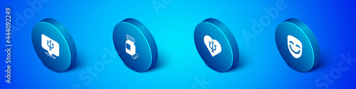 Set Isometric Psychology, Psi, , Comedy theatrical mask and Sedative pills icon. Vector