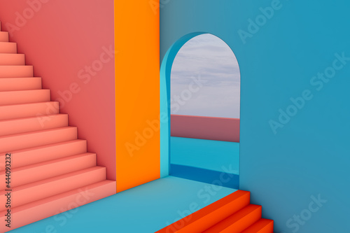 Abstract space with stairs and curved shapes in blue photo
