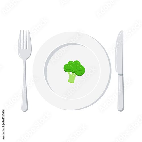 Broccoli on white plate with knife and fork isolated on a white background. Top view fresh vegetable, cutlery, ceramic serving plate. Vector flat design cartoon no balanced diet illustration.