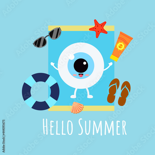 Cute eye ball sunbathing on sun lounger with sunscreen starfish lifebuoy shell slippers. Hello summer concept. Flat design cartoon style holiday smiling eyeball character vector illustration.