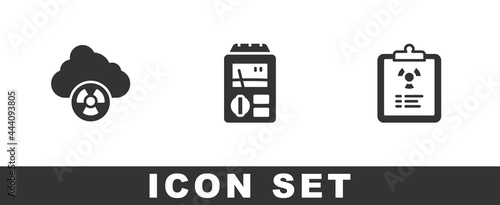 Set Acid rain and radioactive cloud, Dosimeter and Radiation warning document icon. Vector