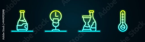 Set line Bottle of wine, Wine time, and Meteorology thermometer. Glowing neon icon. Vector