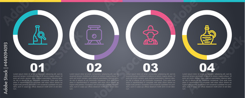 Set line Bottle of wine, Fermentation grapes, Farmer the hat and Wine italian fiasco bottle. Business infographic template. Vector