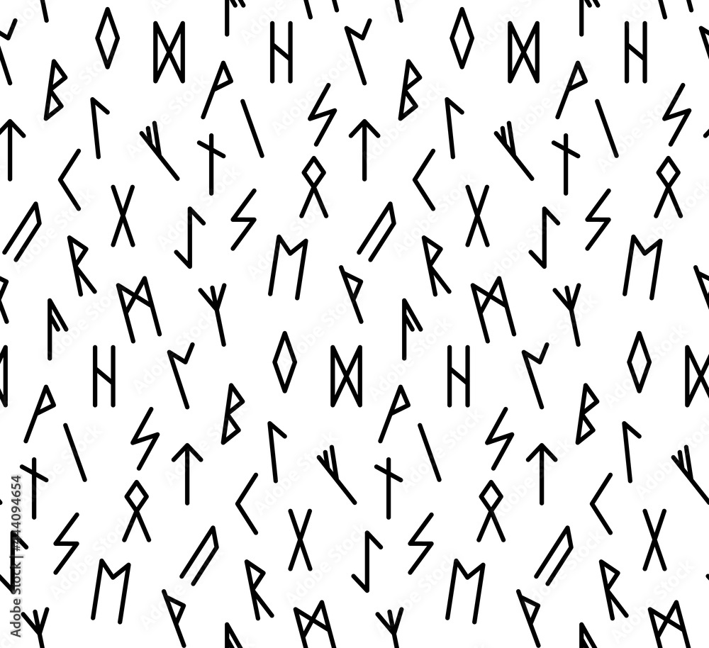 Ethnic Norwegian Icelandic seamless pattern. Runic talismans of the Vikings and northern peoples. Magic and magical runes. Pagan signs. Futhark repeatable background. Vector illustration. Ethnic Norwegian Icelandic seamless pattern. Runic talismans of the Vikings and northern peoples. Magic and magical runes. Pagan signs. Futhark repeatable background. Vector illustration.