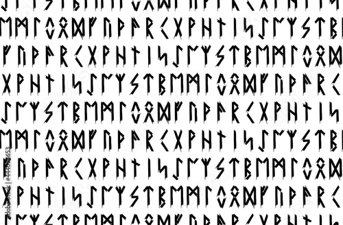 Ethnic Norwegian Icelandic seamless pattern. Runic talismans of the Vikings and northern peoples. Magic and magical runes. Pagan signs. Futhark repeatable background. Vector illustration.