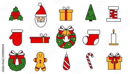 Set of vector elements for the celebration of Christmas. Collection of editable Christmas and New Year icons in flat style. Vintage traditional stickers in red, yellow and green. Vector illustration.