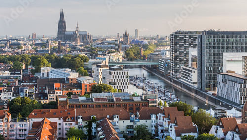 Aerial view of Cologne Cathedral, Rheinauhafen and Kranhäuser in Cologne, Germany