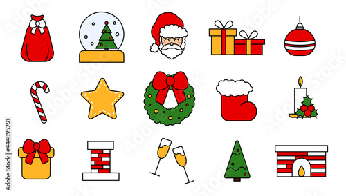 Set of vector elements for the celebration of Christmas. Collection of editable Christmas and New Year icons in flat style. Vintage traditional stickers in red, yellow and green. Vector illustration.