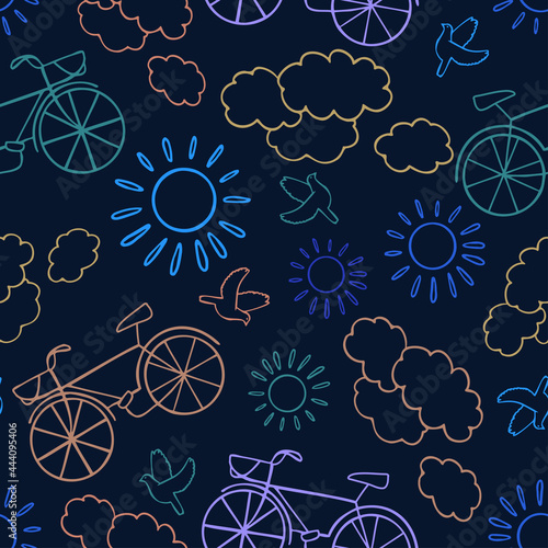 Seamless vector pattern lined colorful design of bicycles, sun, clouds ion dark background