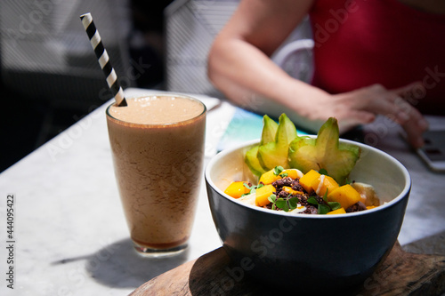 Healthy breakfast with vegan smoothie photo