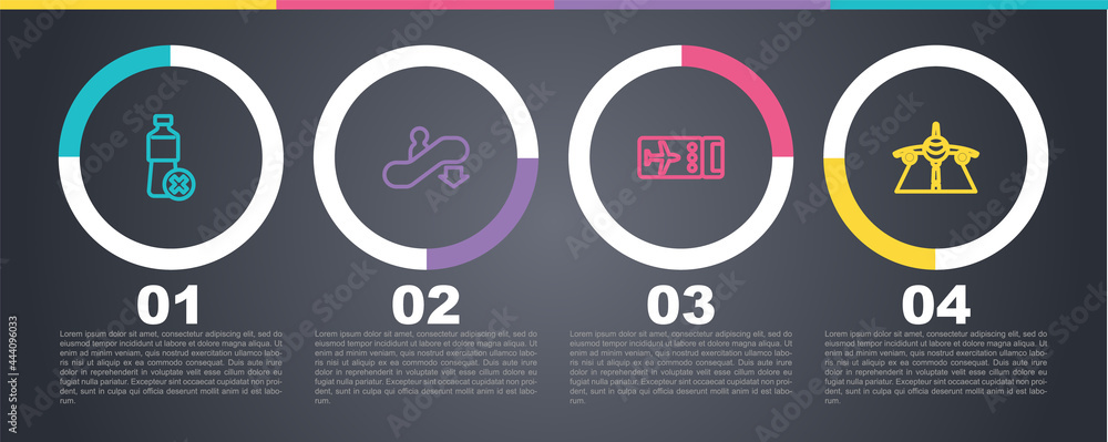 Set line No water bottle, Escalator down, Airline ticket and Plane. Business infographic template. Vector Set line No water bottle, Escalator down, Airline ticket and Plane. Business infographic template. Vector