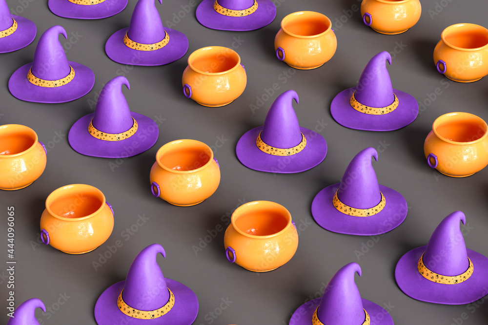 pattern of orange cauldrons and purple witch hat on dark grey background pattern of orange cauldrons and purple witch hat on dark grey background