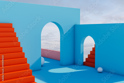 Abstract space with stairs and curved shapes in blue photo