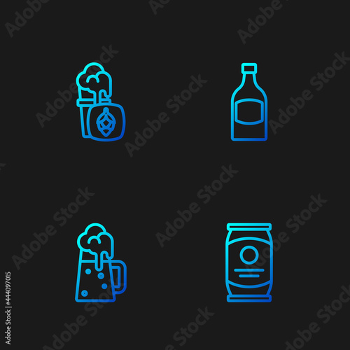Set line Beer can, Wooden beer mug, Glass of and bottle. Gradient color icons. Vector