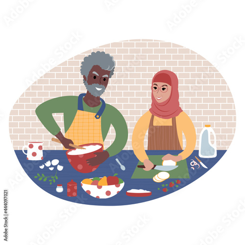 Senior couple preparing food together. Flat style illustration