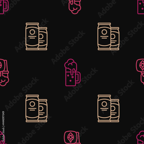 Set line Glass of beer, Beer can and Wooden mug on seamless pattern. Vector