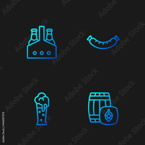 Set line Wooden barrel, Glass of beer, Pack bottles and Sausage. Gradient color icons. Vector