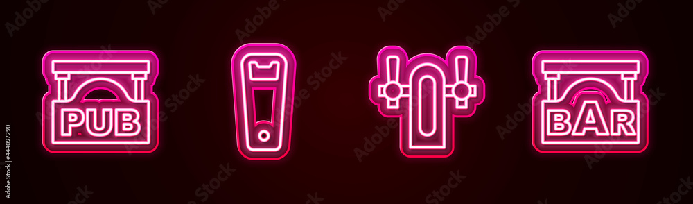 Set line Street signboard with Pub, Bottle opener, Beer tap and Bar. Glowing neon icon. Vector Set line Street signboard with Pub, Bottle opener, Beer tap and Bar. Glowing neon icon. Vector