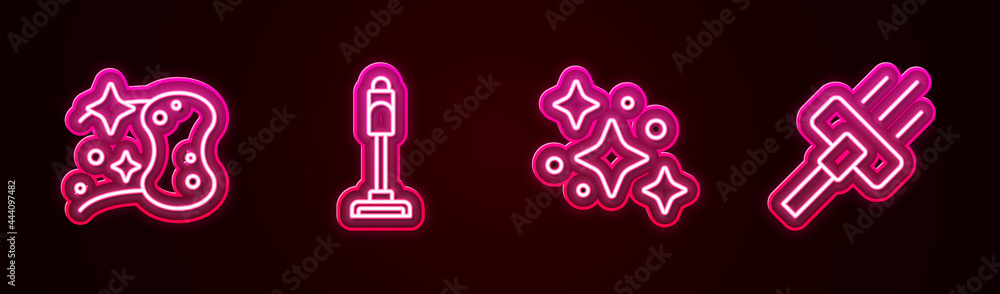 Set line Sponge, Vacuum cleaner, Home cleaning service and . Glowing neon icon. Vector Set line Sponge, Vacuum cleaner, Home cleaning service and . Glowing neon icon. Vector