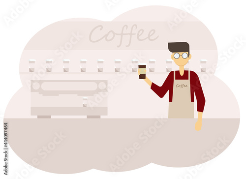 Illustration of a coffee shop interior and a barista man with a cup of coffee
