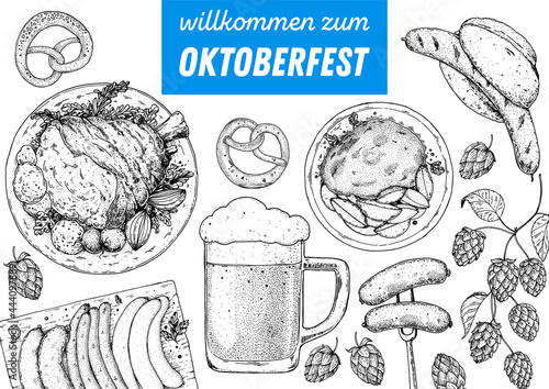 German food sketch. Oktoberfest menu design template. Hand drawn vector illustration. German cuisine. Black and white. Engraved style. Hand drawn food, sketch illustration