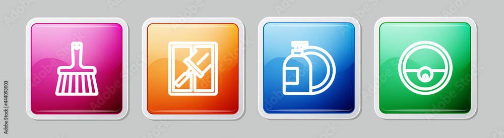 Set line Handle broom, Rubber cleaner for windows, Dishwashing liquid bottle and Robot vacuum. Colorful square button. Vector Set line Handle broom, Rubber cleaner for windows, Dishwashing liquid bottle and Robot vacuum. Colorful square button. Vector