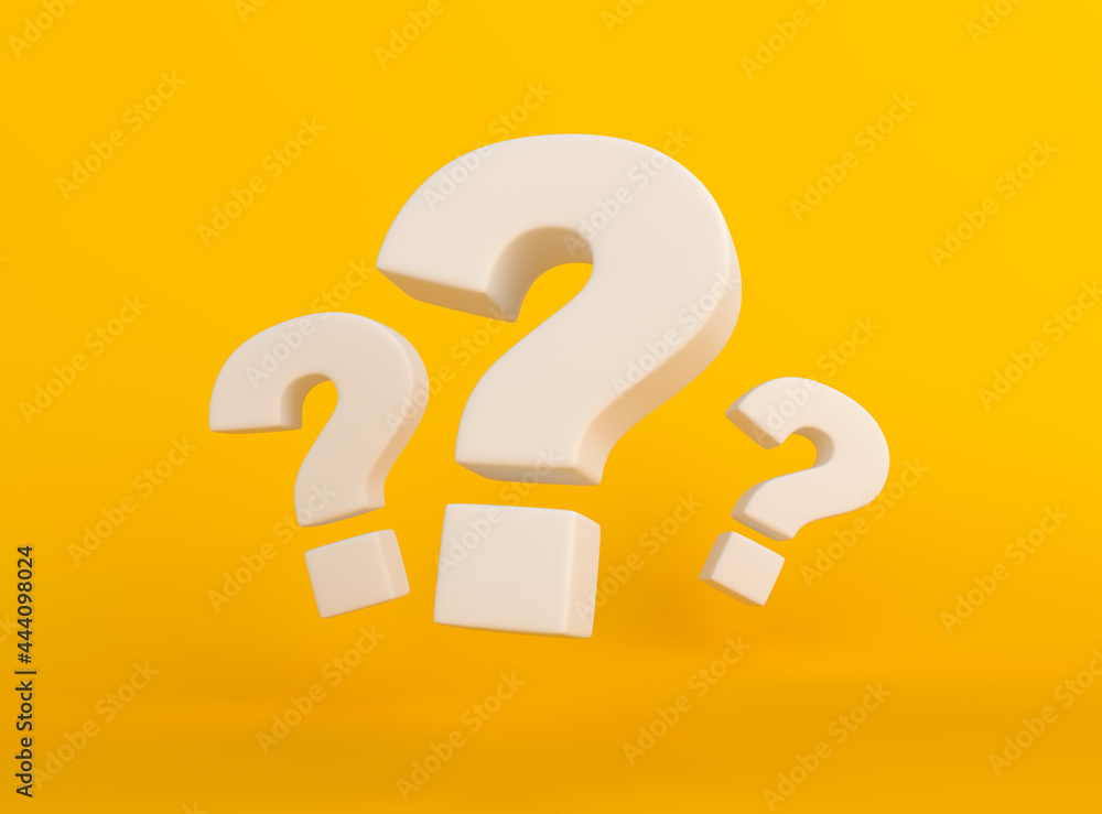 Group of white question marks on yellow background. Minimal ideas concept. 3D render, 3D illustration Group of white question marks on yellow background. Minimal ideas concept. 3D render, 3D illustration
