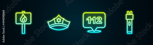 Set line Protest, Police cap with cockade, Telephone call 112 and electric shocker. Glowing neon icon. Vector