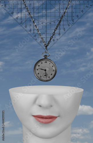 Surreal composition with female head, old pocket watch and protractor photo