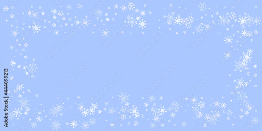 White delicate openwork snowflakes are scattered on a blue background. Festive background, postcard design, wallpaper White delicate openwork snowflakes are scattered on a blue background. Festive background, postcard design, wallpaper