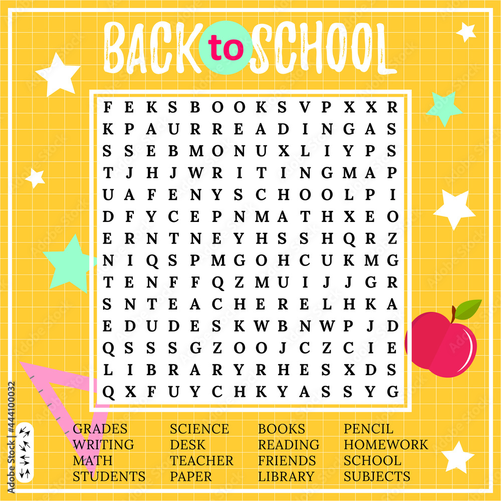 Back to school word search puzzle. Crossword for children for learning  English. Educational keyword activity. Stock Vector | Adobe Stock