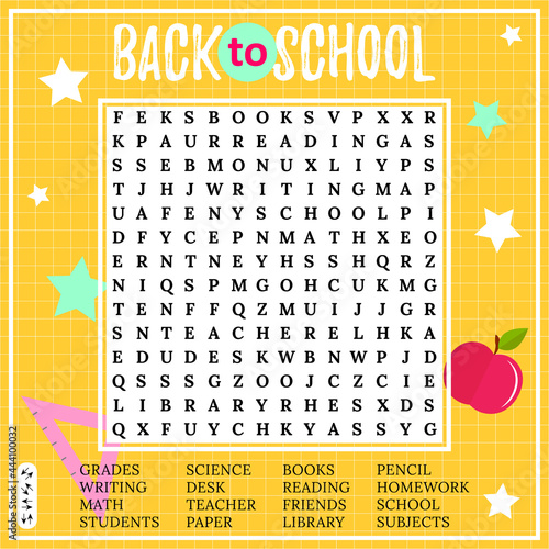 Back to school word search puzzle. Crossword  for children  for learning English. Educational keyword activity. 