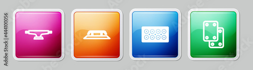 Set line Skateboard wheel, stairs with rail, and Knee pads. Colorful square button. Vector