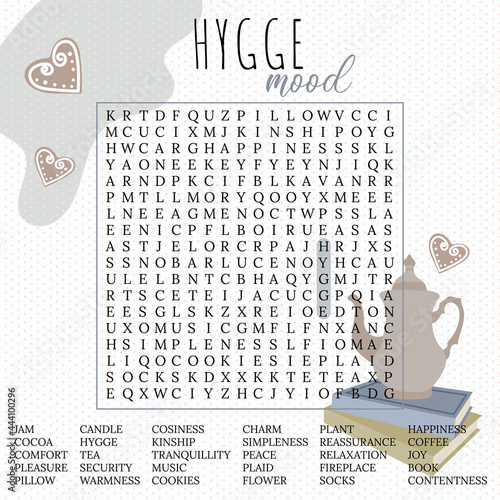 Hygge mood word search puzzle. Autumn mood activity. Suitable for social media post. Cozy winter pastime. Crossword game. 